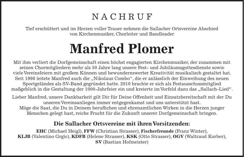 Traueranzeige Manfred Plomer