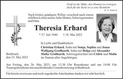 Traueranzeige Theresia Erhard