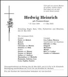 Traueranzeige Hedwig Heinrich