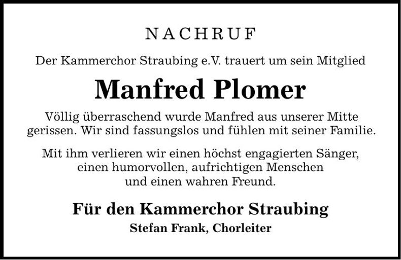 Traueranzeige Manfred Plomer