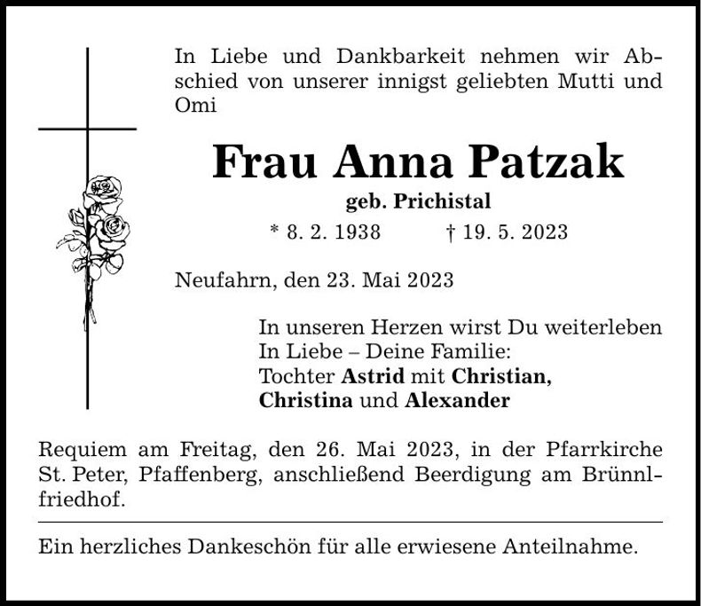 Traueranzeige Anna Patzak