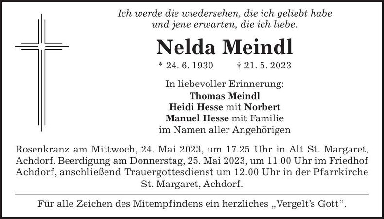 Traueranzeige Nelda Meindl
