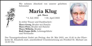 Traueranzeige Maria Klug