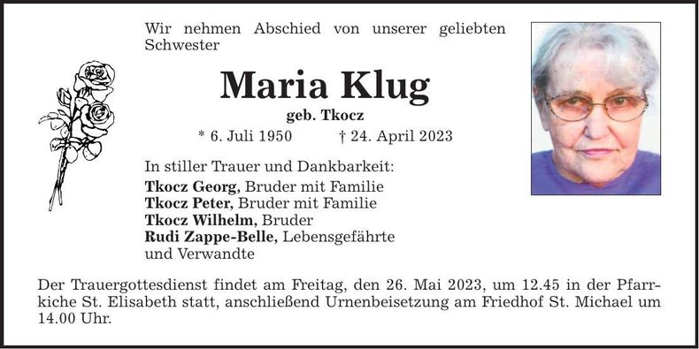 Traueranzeige Maria Klug