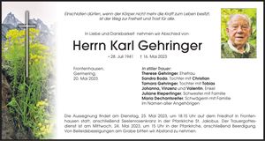 Traueranzeige Karl Gehringer