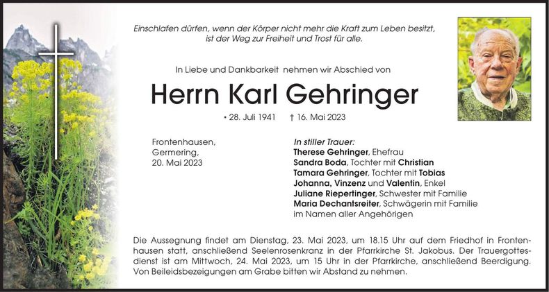 Traueranzeige Karl Gehringer