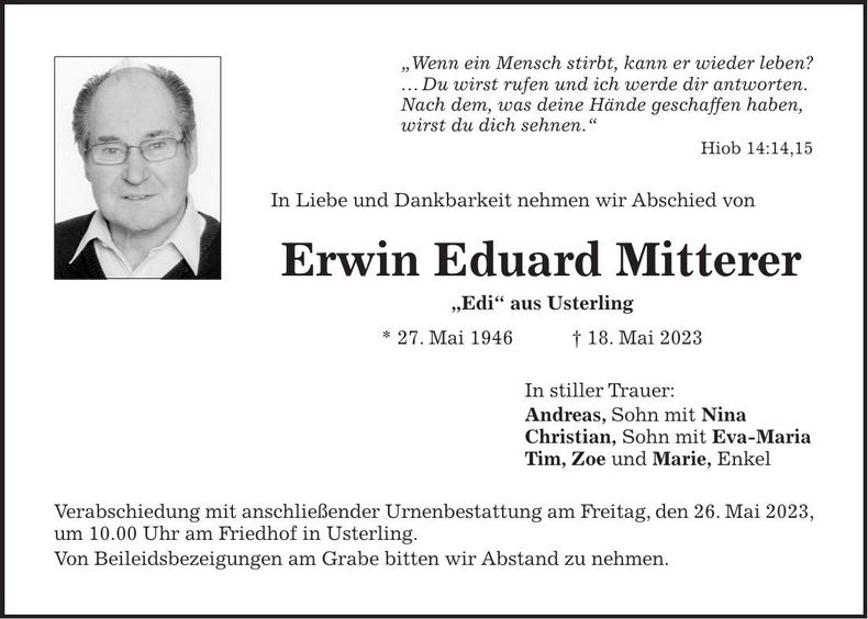 Traueranzeige Erwin Eduard Mitterer