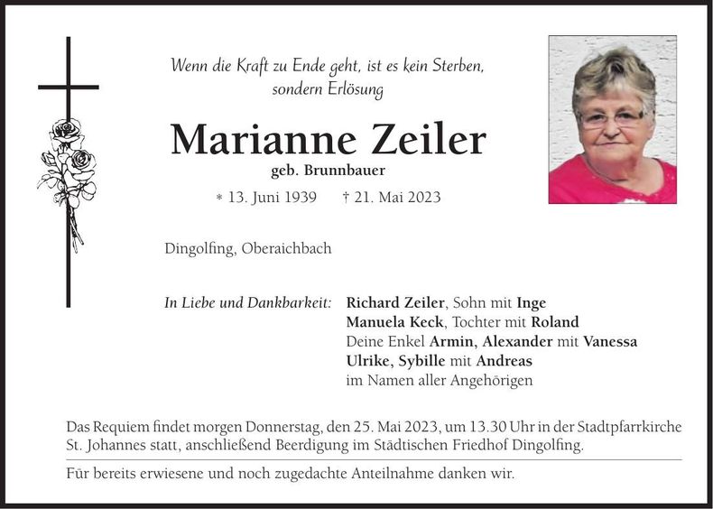 Traueranzeige Marianne Zeiler