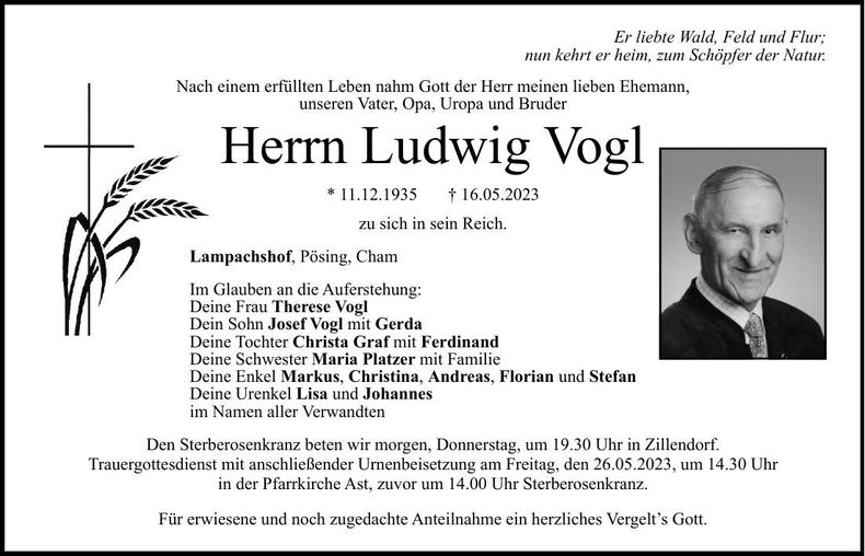 Traueranzeige Ludwig Vogl