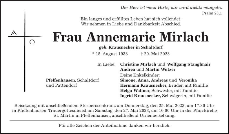 Traueranzeige Annemarie Mirlach