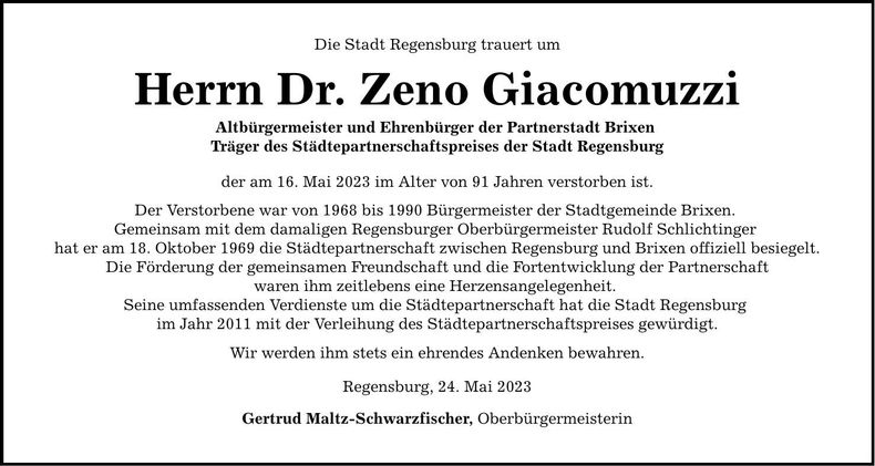 Traueranzeige Zeno Giacomuzzi