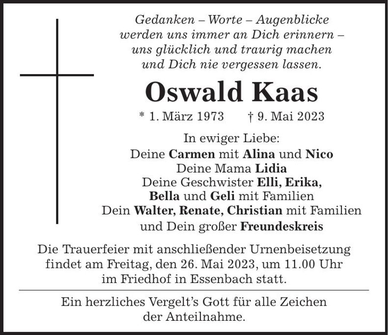 Traueranzeige Oswald Kaas