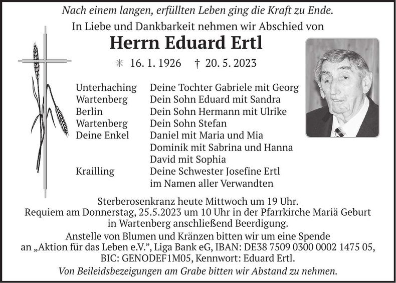 Traueranzeige Eduard Ertl