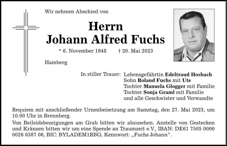 Traueranzeige Johann Alfred Fuchs
