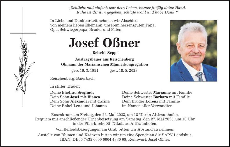 Traueranzeige Josef Oßner