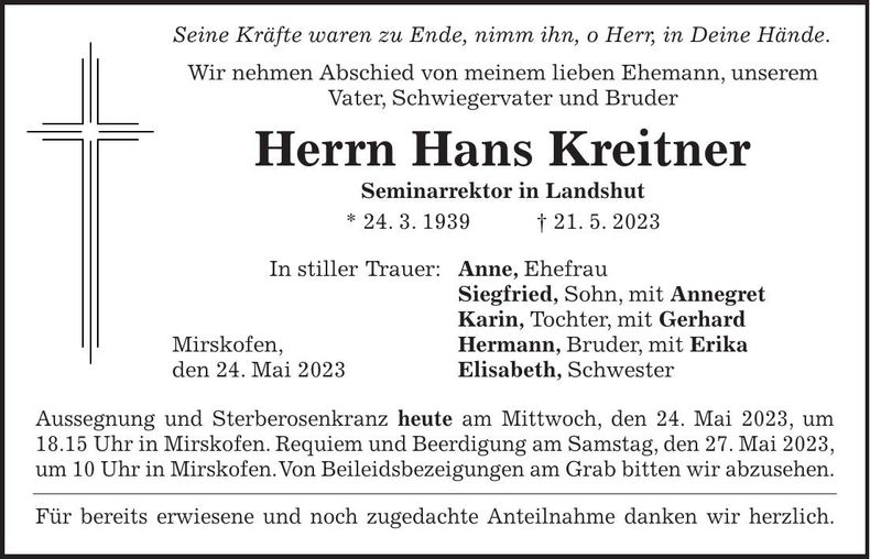 Traueranzeige Hans Kreitner