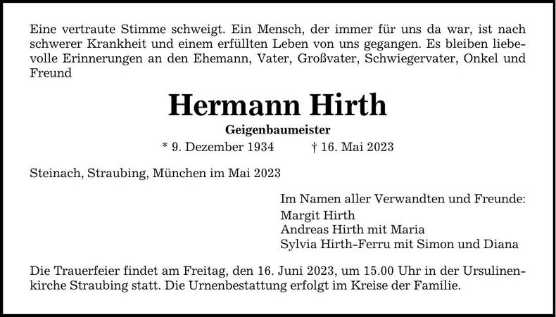 Traueranzeige Hermann Hirth