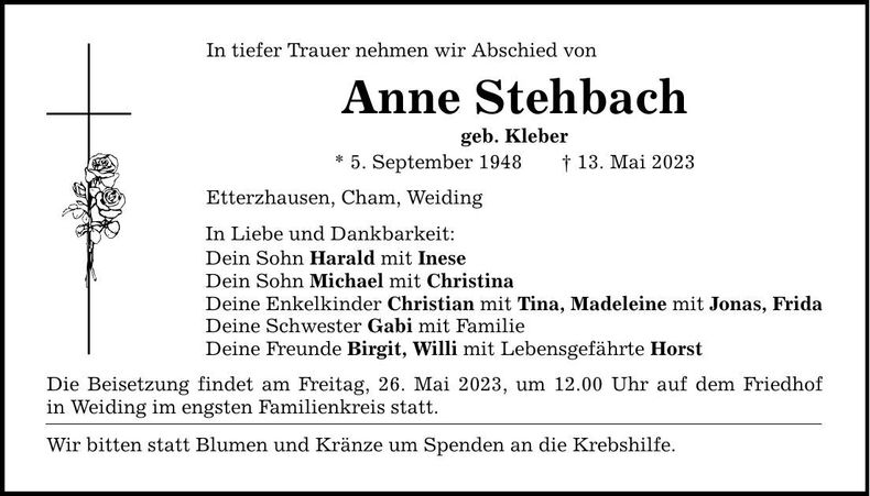 Traueranzeige Anne Stehbach