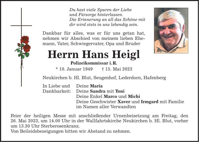 Traueranzeige Hans Heigl