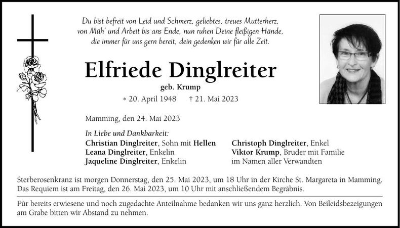 Traueranzeige Elfriede Dinglreiter