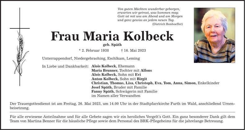 Traueranzeige Maria Kolbeck
