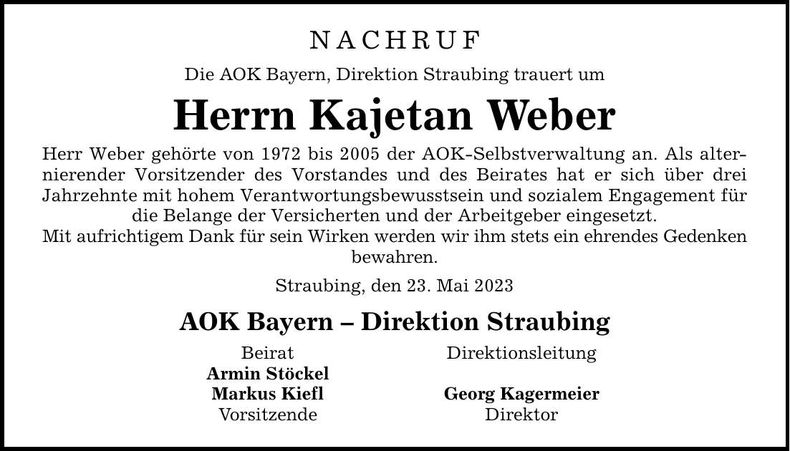 Traueranzeige Kajetan Weber