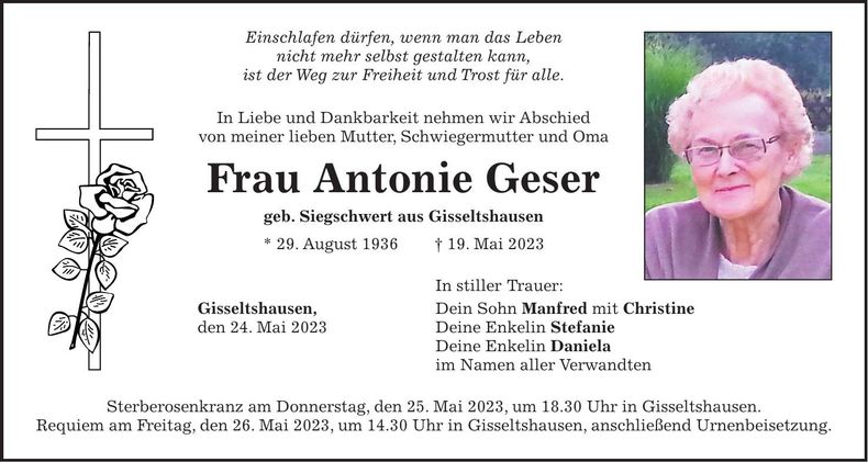 Traueranzeige Antonie Geser