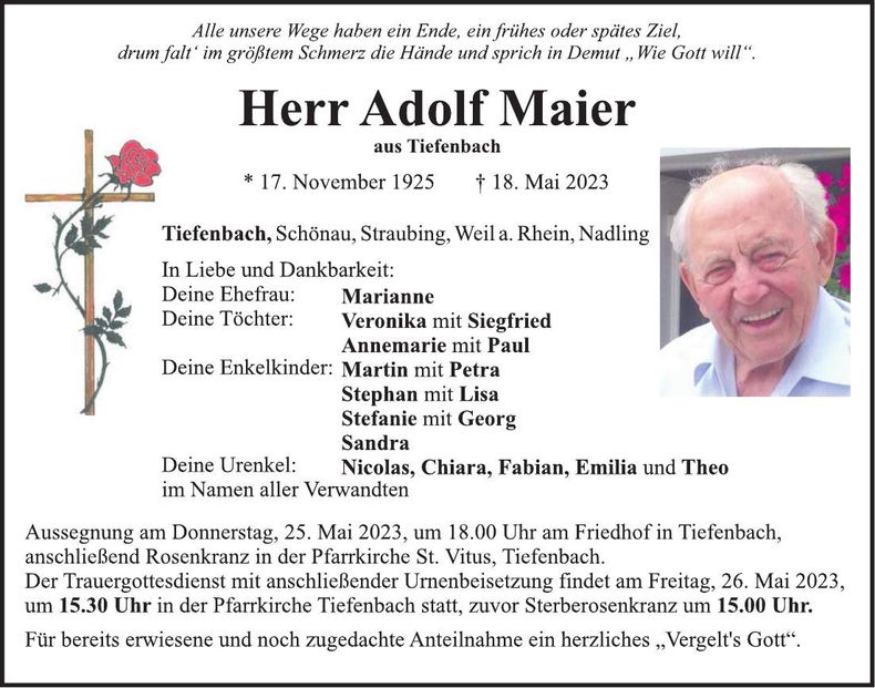 Traueranzeige Adolf Maier