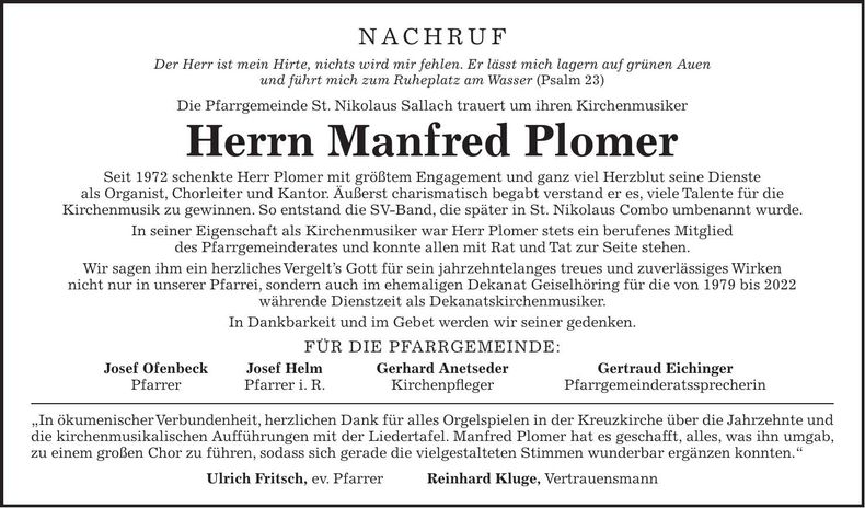 Traueranzeige Manfred Plomer