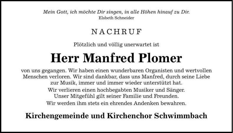 Traueranzeige Manfred Plomer