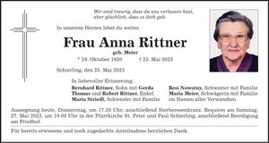 Traueranzeige Anna Rittner