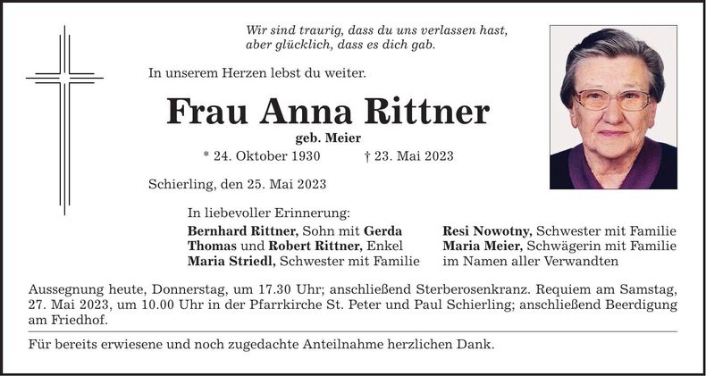 Traueranzeige Anna Rittner