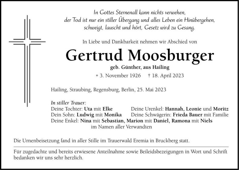 Traueranzeige Gertrud Moosburger