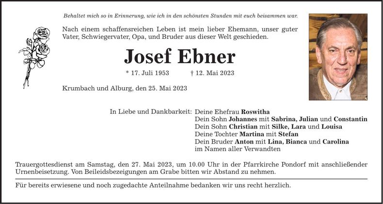 Traueranzeige Josef Ebner