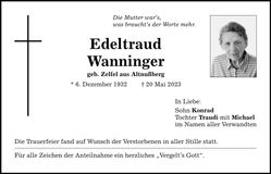Traueranzeige Edeltraud Wanninger