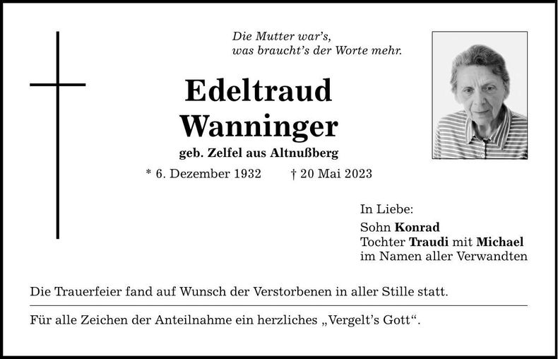 Traueranzeige Edeltraud Wanninger