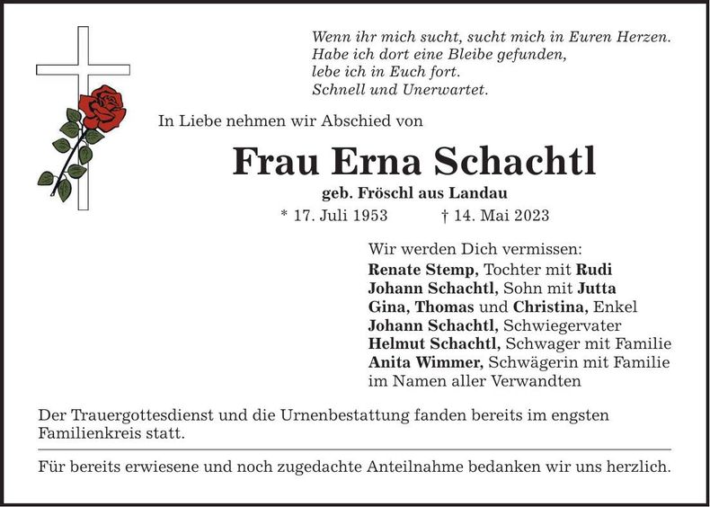 Traueranzeige Erna Schachtl