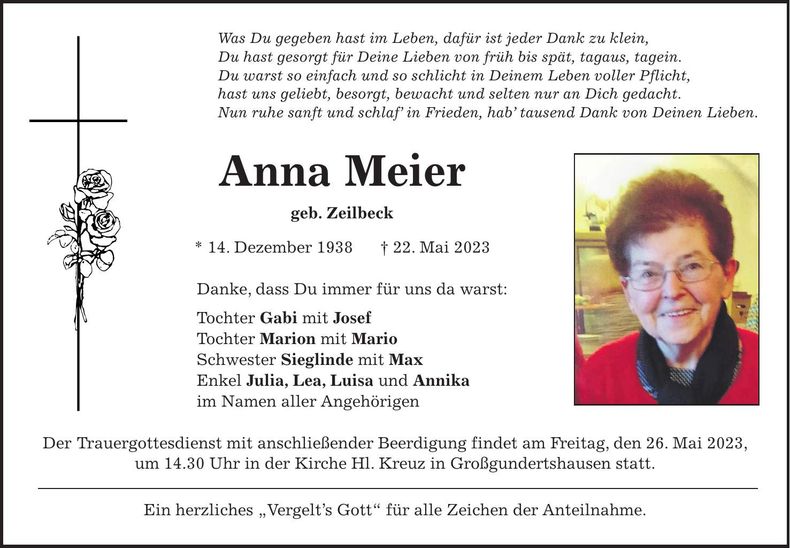 Traueranzeige Anna Meier