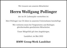 Traueranzeige Wolfgang Pollinger