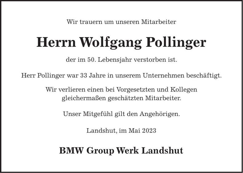 Traueranzeige Wolfgang Pollinger