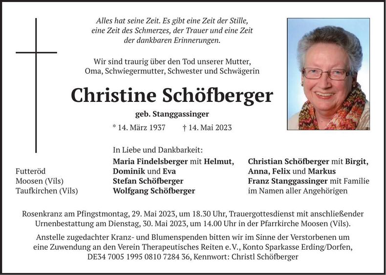 Traueranzeige Christine Schöfberger