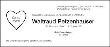 Traueranzeige Waltraud Petzenhauser