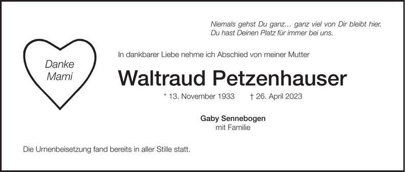 Traueranzeige Waltraud Petzenhauser