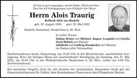Traueranzeige Alois Traurig