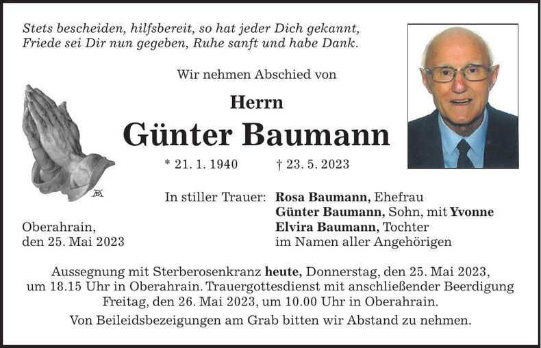 Traueranzeige Günter Baumann