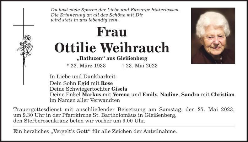 Traueranzeige Ottilie Weihrauch