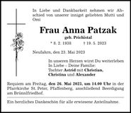 Traueranzeige Anna Patzak