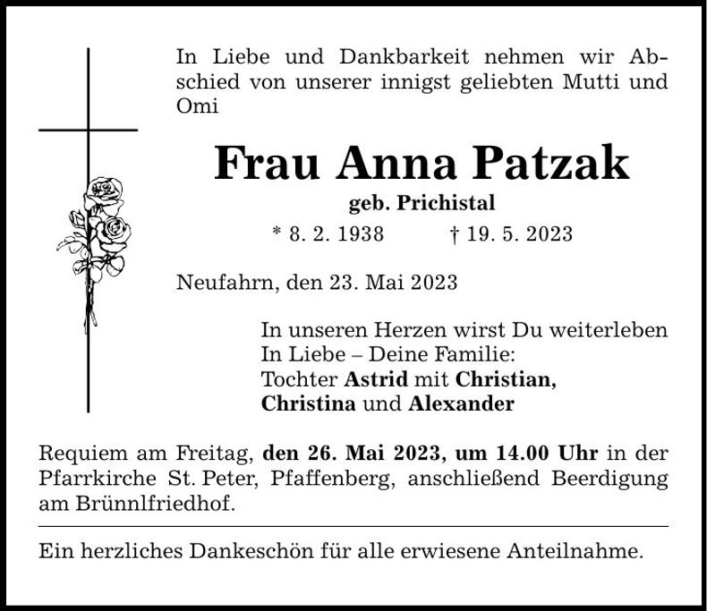 Traueranzeige Anna Patzak