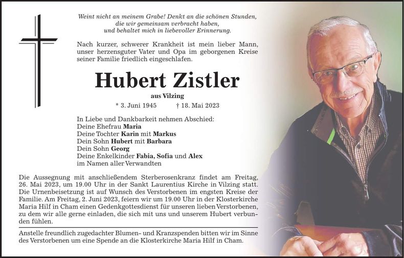 Traueranzeige Hubert Zistler