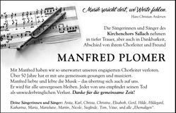 Traueranzeige Manfred Plomer